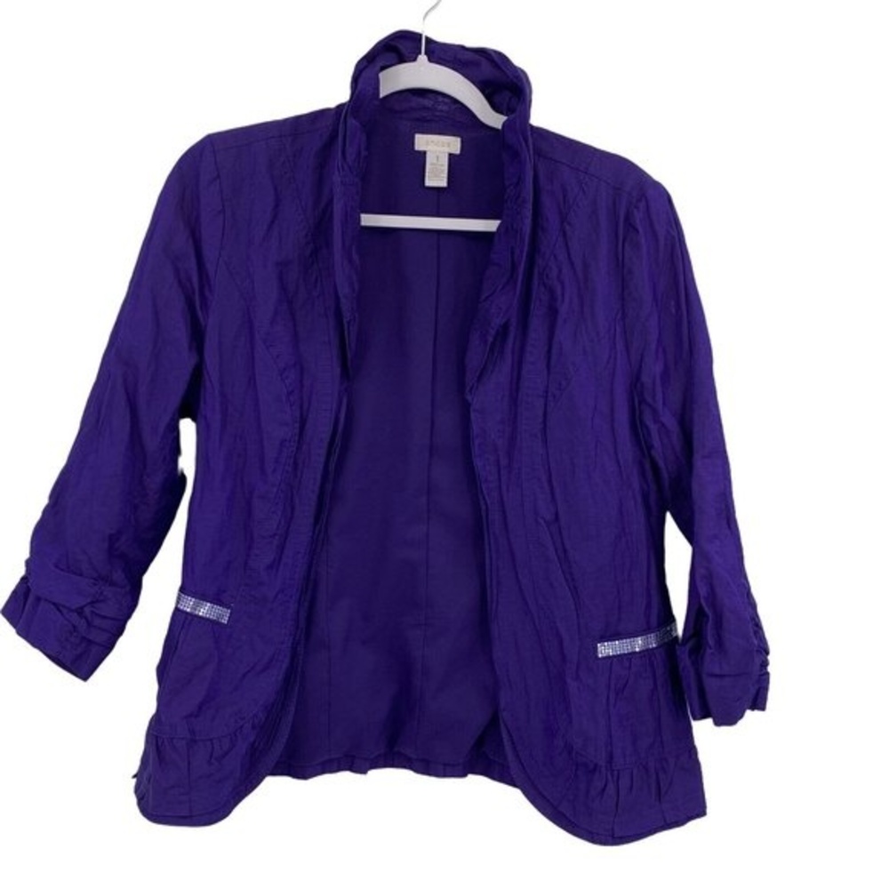 Chico's Womens Purple Cotton Embellished Rhinstones Open Front Jacket Size 1 M 8